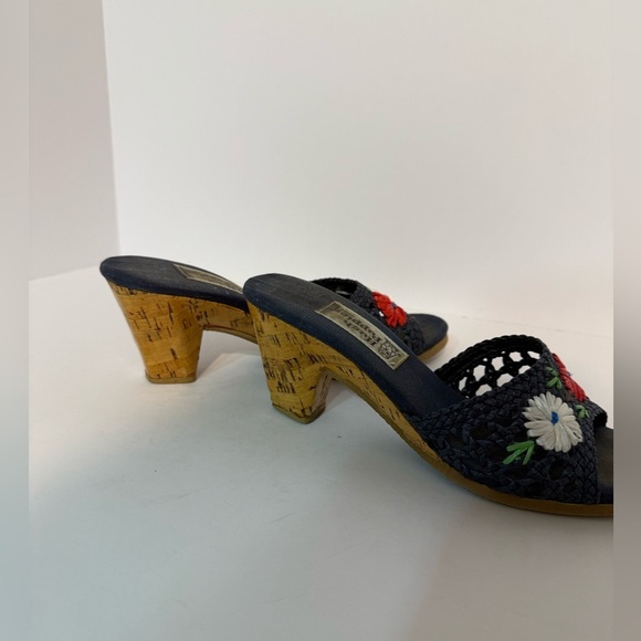 1970’s Vintage Hush Puppies Women's Navy Raffia Mules, Sz 8 - Picture 2 of 8